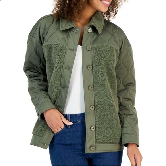 Style & Co. Jackets & Blazers - Women's Green Quilted Mixed Media Fleece Trim Jacket L